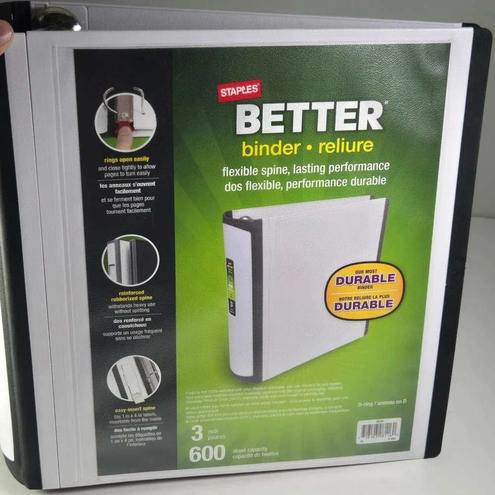 Staples Better Binder 3 Inch Ring White Black Flexible Spine 600 Sheet Capacity